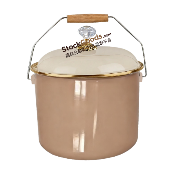 Cubo de arroz esmaltado premium 18/20/22cm, cubeta de leche con borde acero dorado y mango de madera, botón de tapa de aleación zinc, varios colores